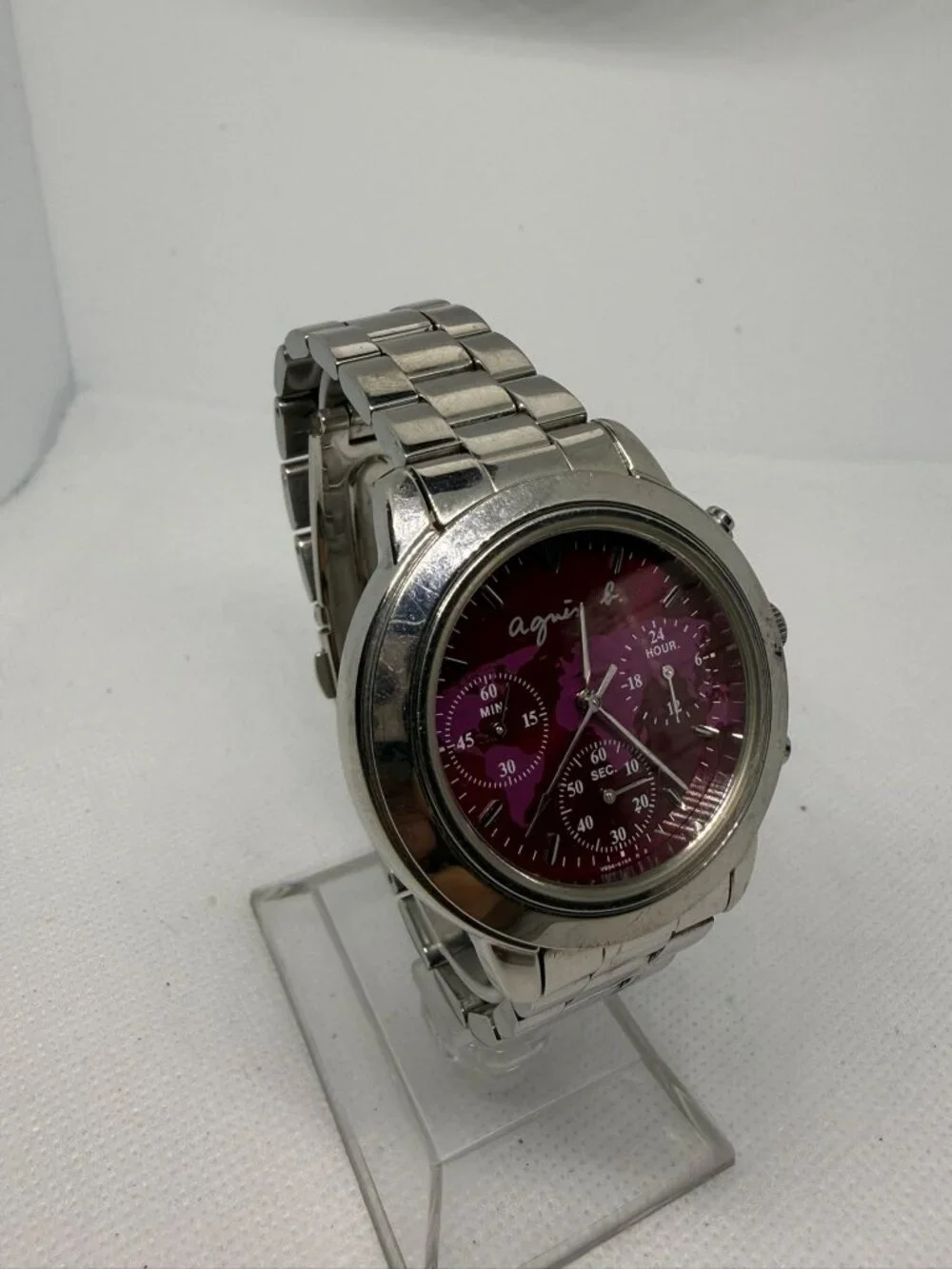 Agnès b. Chronograph Watch Magenta World Map Dial Stainless Steel Band V654-6100